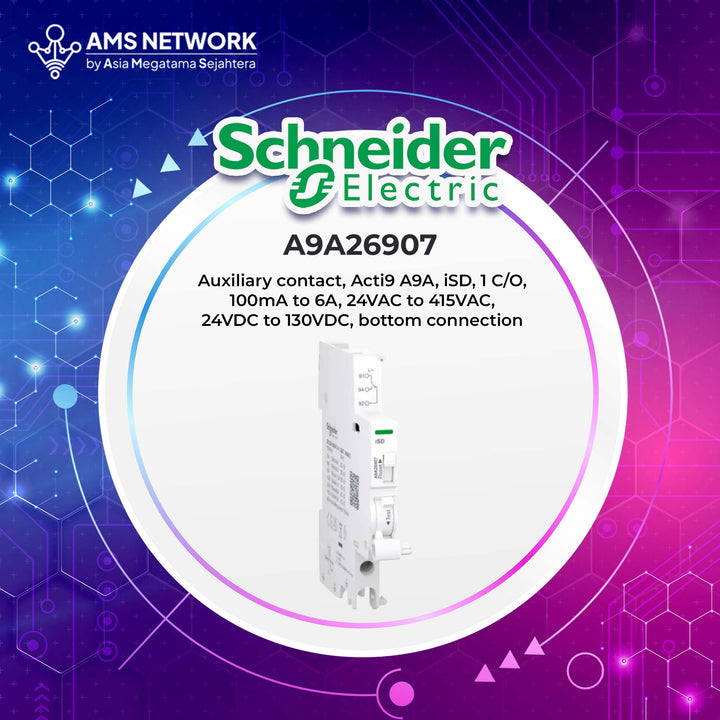 A9A26907 - Auxiliary contact, Acti9 A9A, iSD, 1 C/O, 100mA to 6A, 24VAC to 415VAC, 24VDC to 130VDC, bottom connection White 1 pc