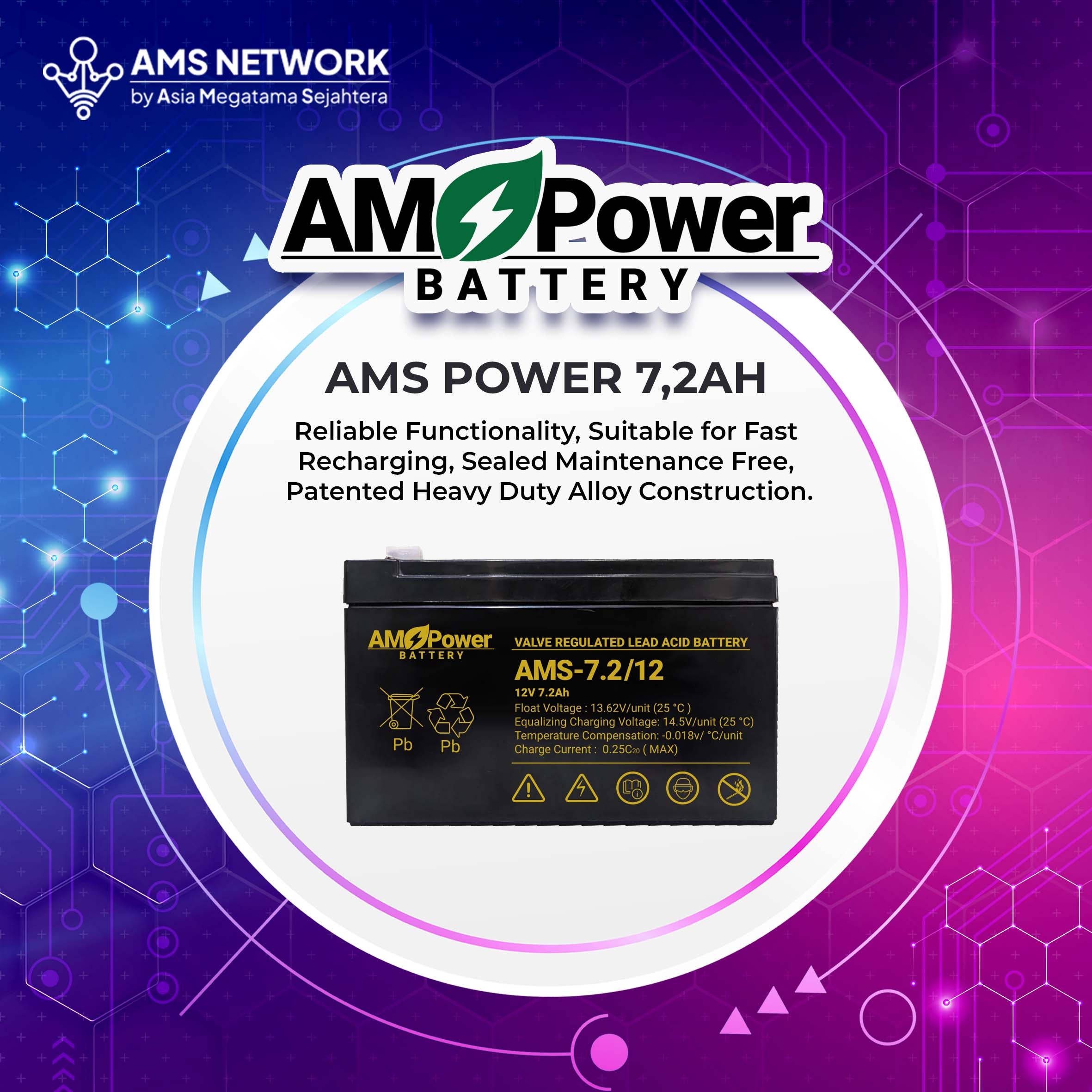 BATTERY AKI UPS VRLA AMS POWER AMS 7.2-12 12V 7.2AH