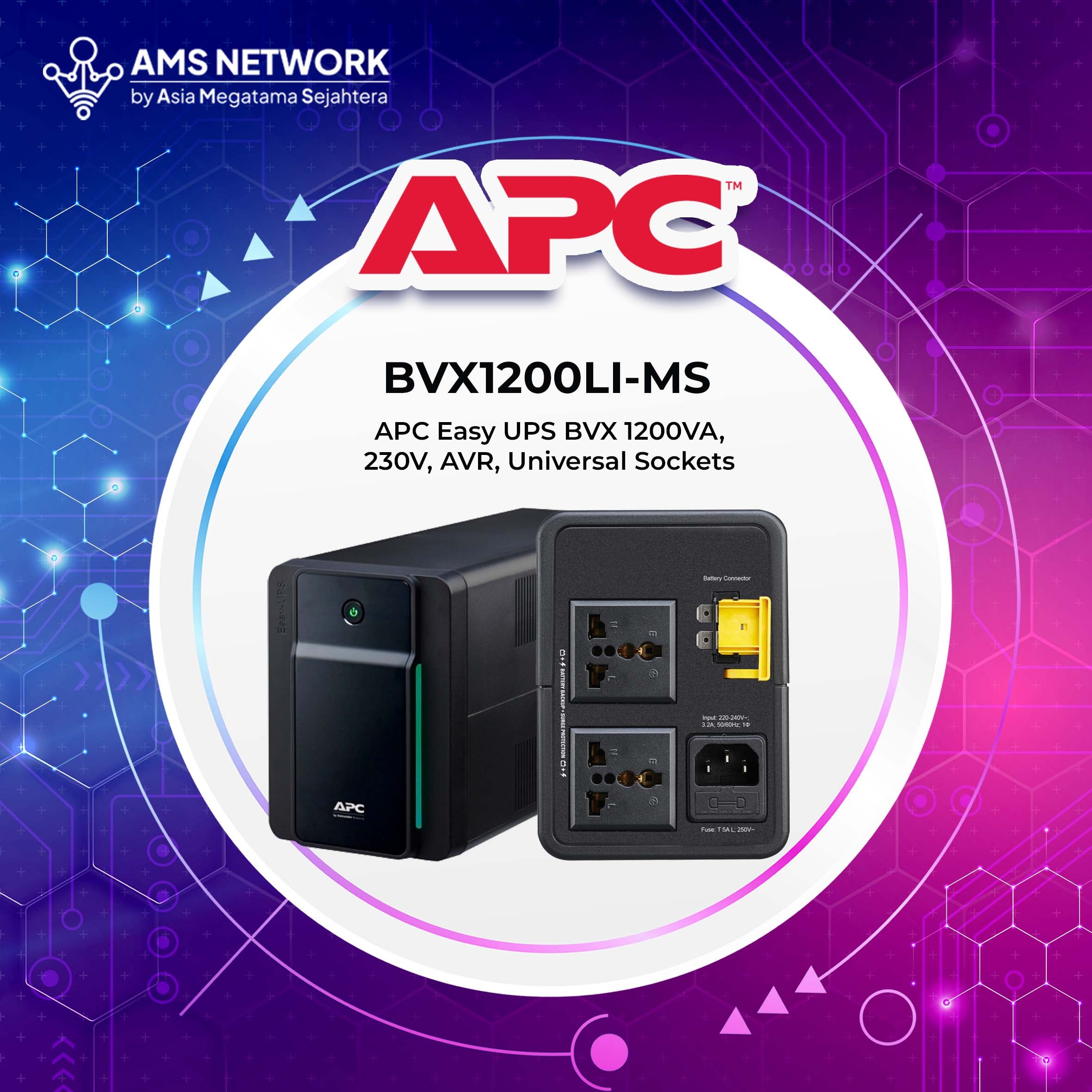 BVX1200LI-MS - APC Easy UPS BVX 1200VA, 650W, 230V, AVR, Universal Sockets