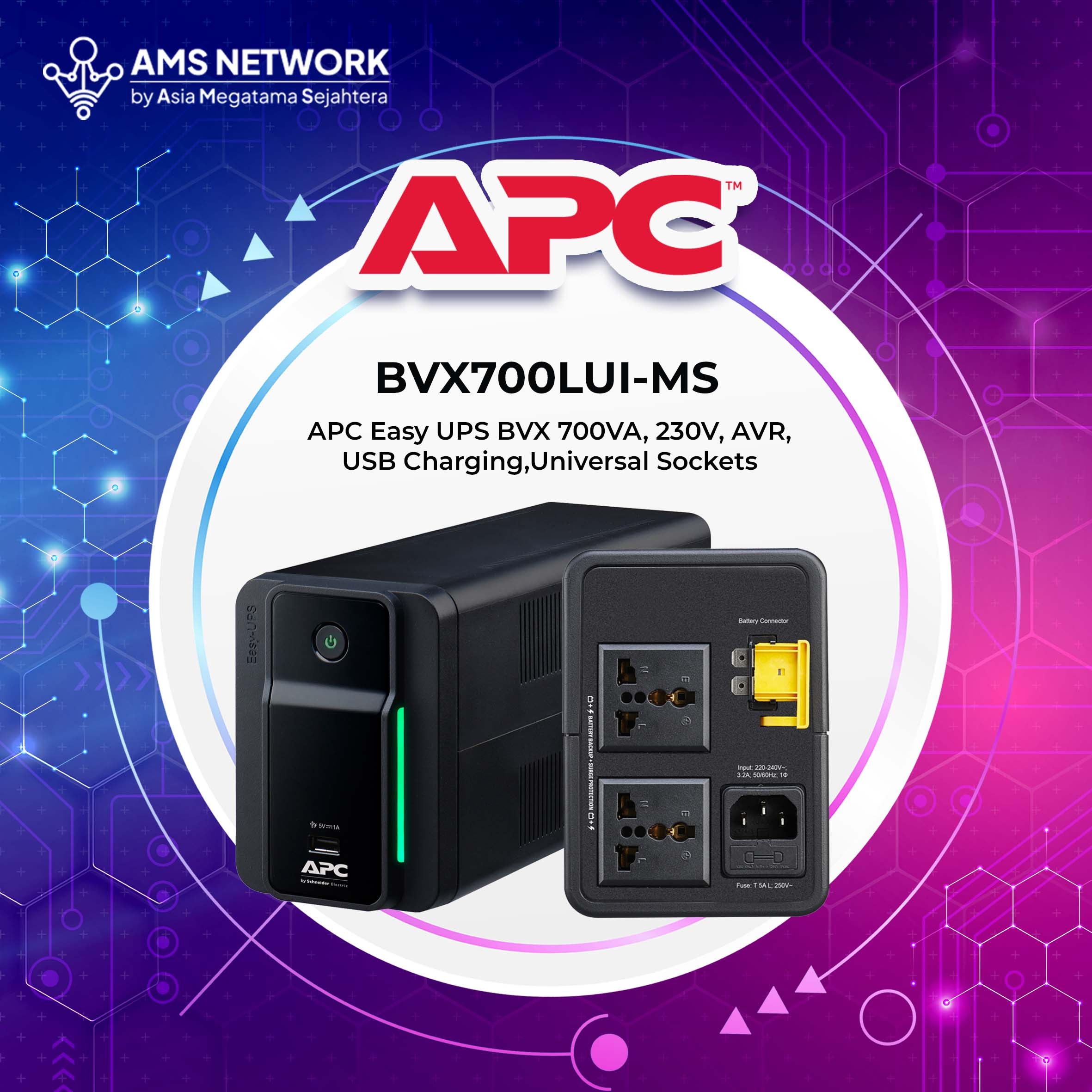 BVX700LUI-MS - APC Easy UPS BVX 700VA, 360W, 230V, AVR, USB Charging,Universal Sockets