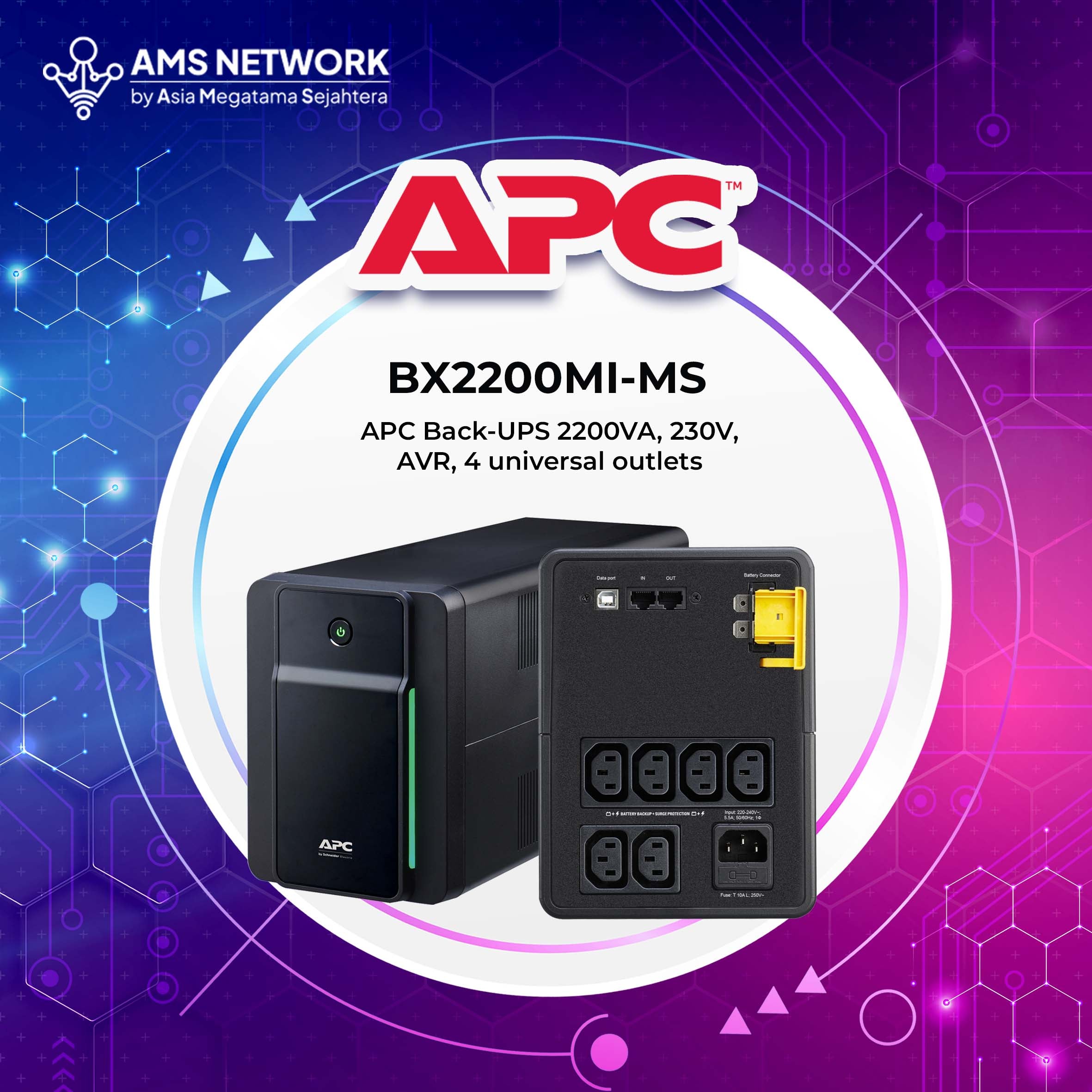 BX2200MI-MS - APC Back-UPS 2200VA, 1200W, 230V, AVR, 4 universal outlets