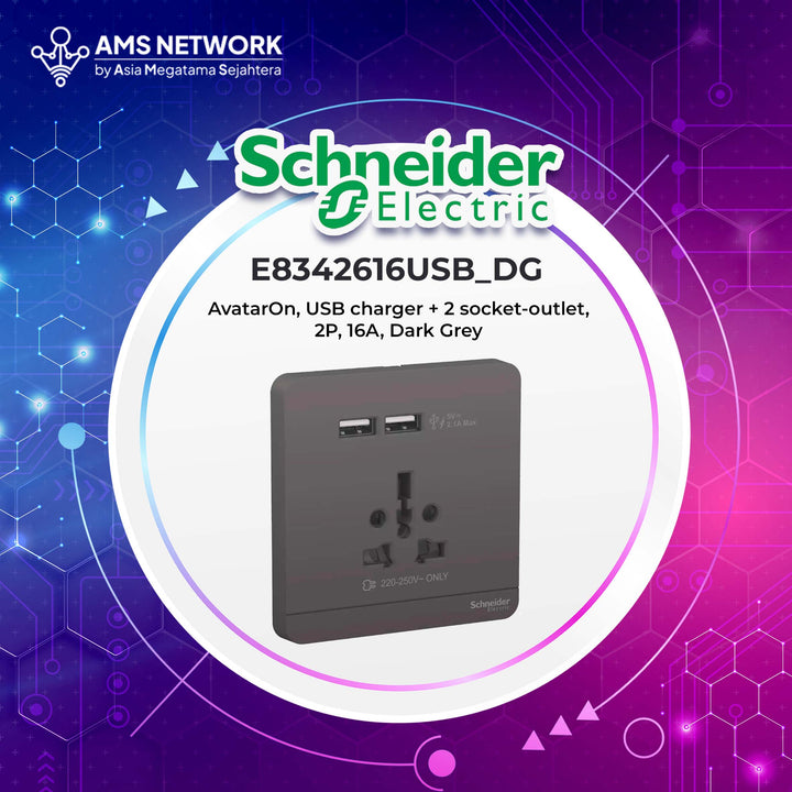 E8342616USB_DG - SCHNEIDER Electric AvatarOn 16A International Socket with 2.1A USB, Dark Grey