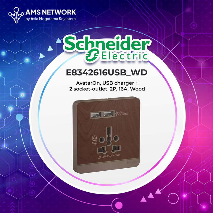 E8342616USB_WD - Schneider Electric Wiring AvatarOn, USB charger + 2 socket-outlet, 2P, 16A, Wood