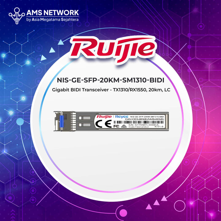 NIS-GE-SFP-20KM-SM1310-BIDI - RUJIE Reyee Gigabit BIDI Transceiver - TX1310/RX1550, 20km, LC