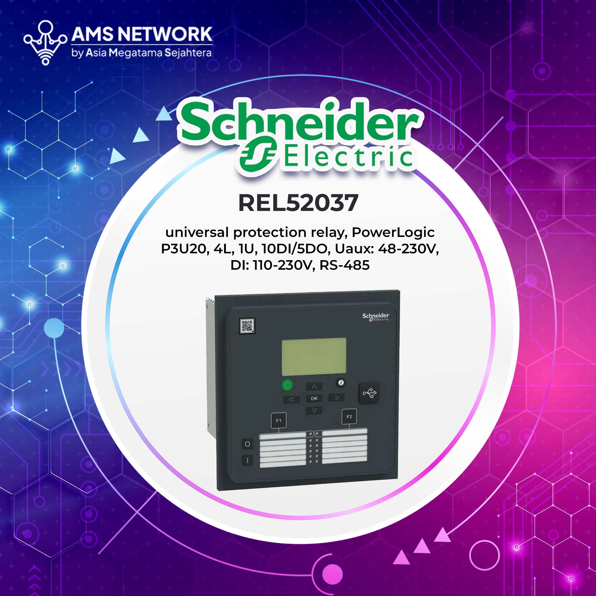 REL52037 - Schneider Electric Universal Protection Relay, Power Logic P3U20, 4L, 1U, 10DI/5DO, Uaux: 48-230V, DI: 110-230V, RS-485