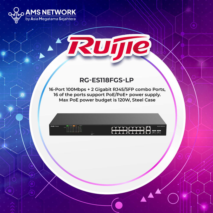 RG-ES118FGS-LP - Switch PoE Unmanage 16-Port 10/100 Mbps dengan 2-Port Gigabit