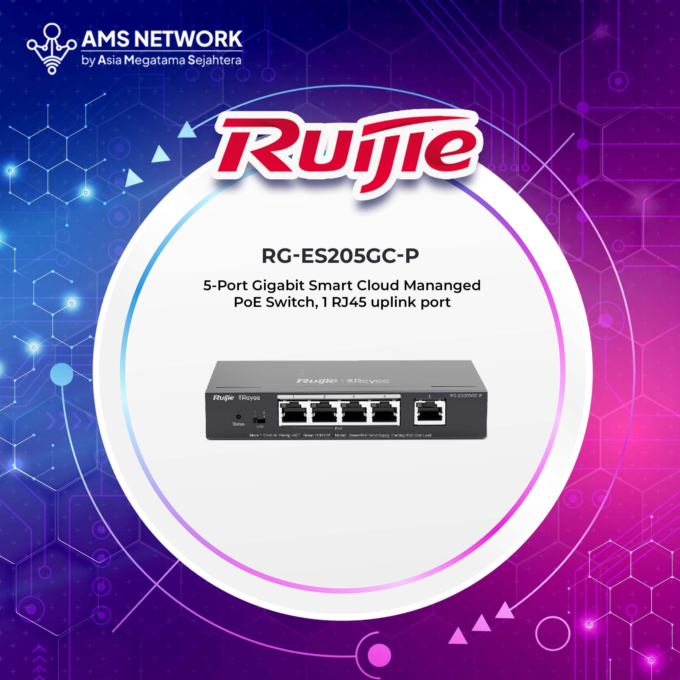 RG-ES205GC-P - RUIJIE 5-Port Gigabit Smart Cloud Mananged PoE Switch, 1 RJ45 uplink port