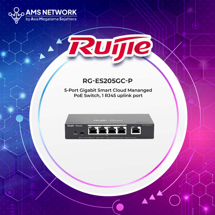 RG-ES205GC-P - RUIJIE 5-Port Gigabit Smart Cloud Mananged PoE Switch, 1 RJ45 uplink port