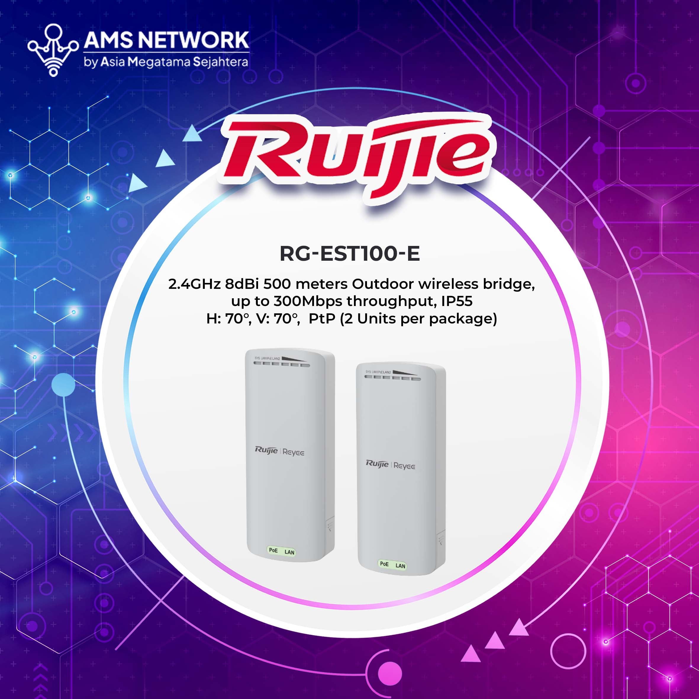 RG-EST100-E - RUIJIE 2.4GHz 8dBi 500 meters Wireless Bridge 1 pair (2 Units per package)