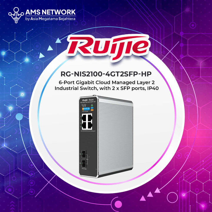 RG-NIS2100-4GT2SFP-HP - RUIJIE 6-Port Gigabit Cloud Managed Layer 2 Industrial Switch, with 2 x SFP ports, IP40