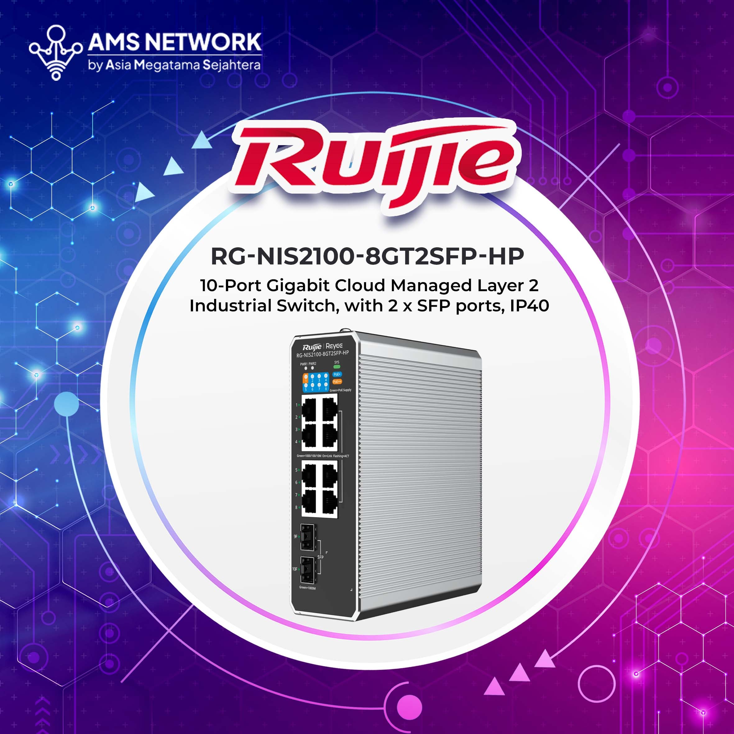 RG-NIS2100-8GT2SFP-HP - RUIJIE 10-Port Gigabit Cloud Managed Layer 2 Industrial Switch, with 2 x SFP ports, IP40