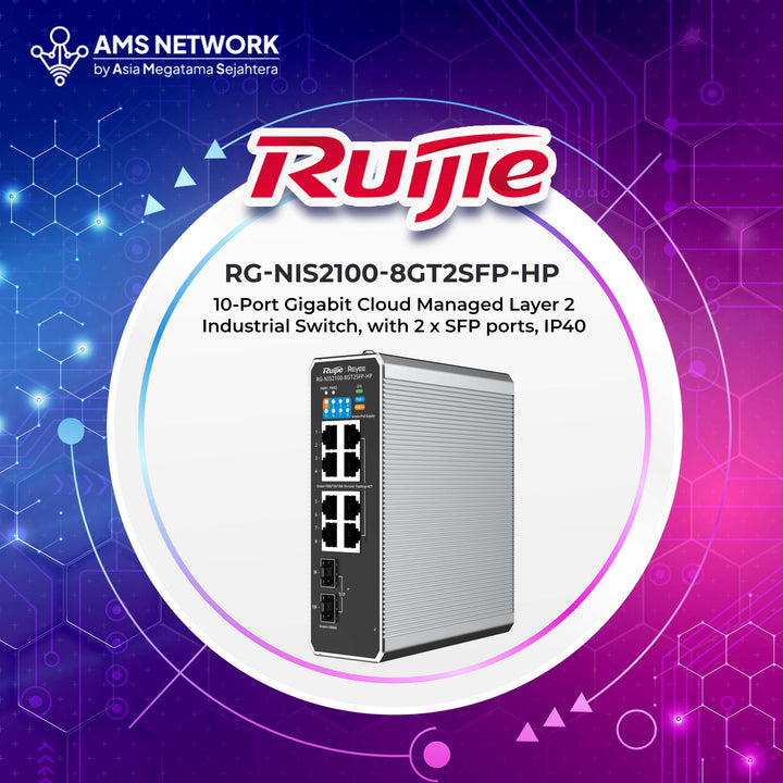 RG-NIS2100-8GT2SFP-HP - RUIJIE 10-Port Gigabit Cloud Managed Layer 2 Industrial Switch, with 2 x SFP ports, IP40