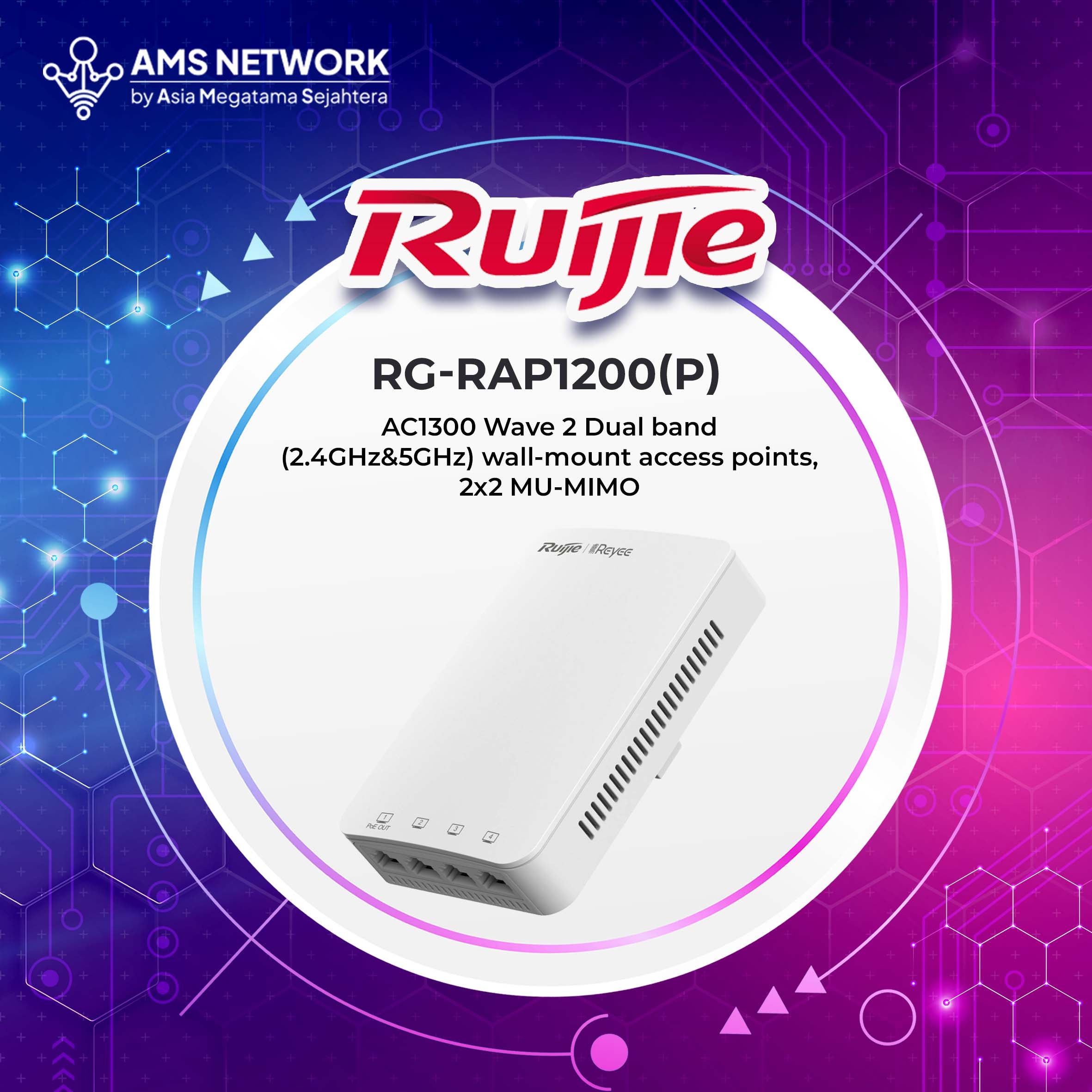 RG-RAP1200(P) - RUIJIE AC1300 Wave 2 Dual band (2.4GHz&5GHz) wall-mount access points, 2x2 MU-MIMO