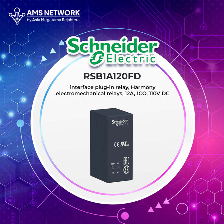 RSB1A120FD - Schneider Electric interface plug-in relay, Harmony electro mechanical relays, 12A, 1CO, 110V DC