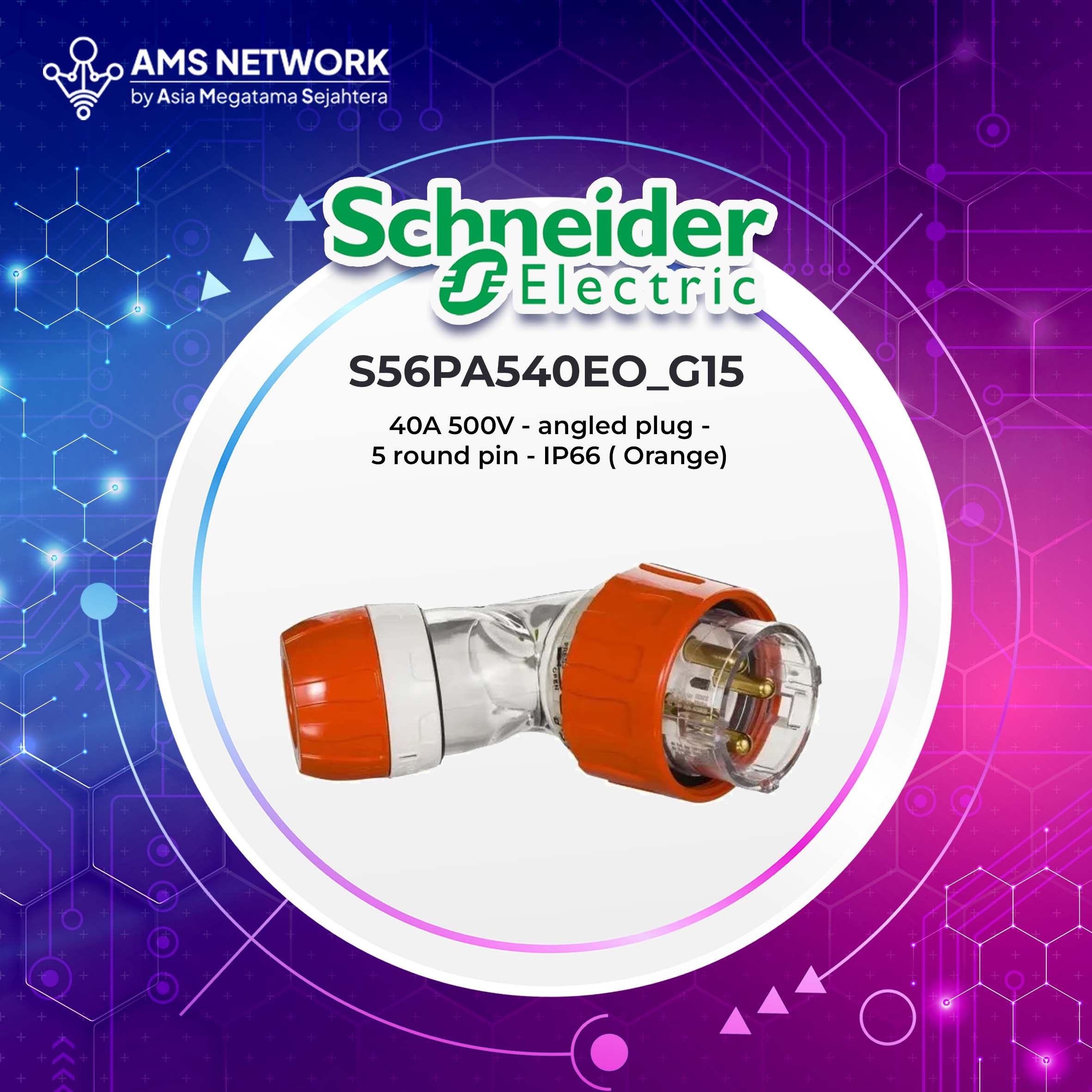 S56PA540EO_G15 - Schneider Electric 40A 500V - angled plug - 5 round pin - IP66 ( Orange)