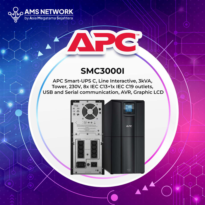 SMC3000I - APC Smart-UPS C, Line Interactive, 3kVA, Tower, 230V, 8x IEC C13+1x IEC C19 outlets, USB and Serial communication, AVR, Graphic LCD
