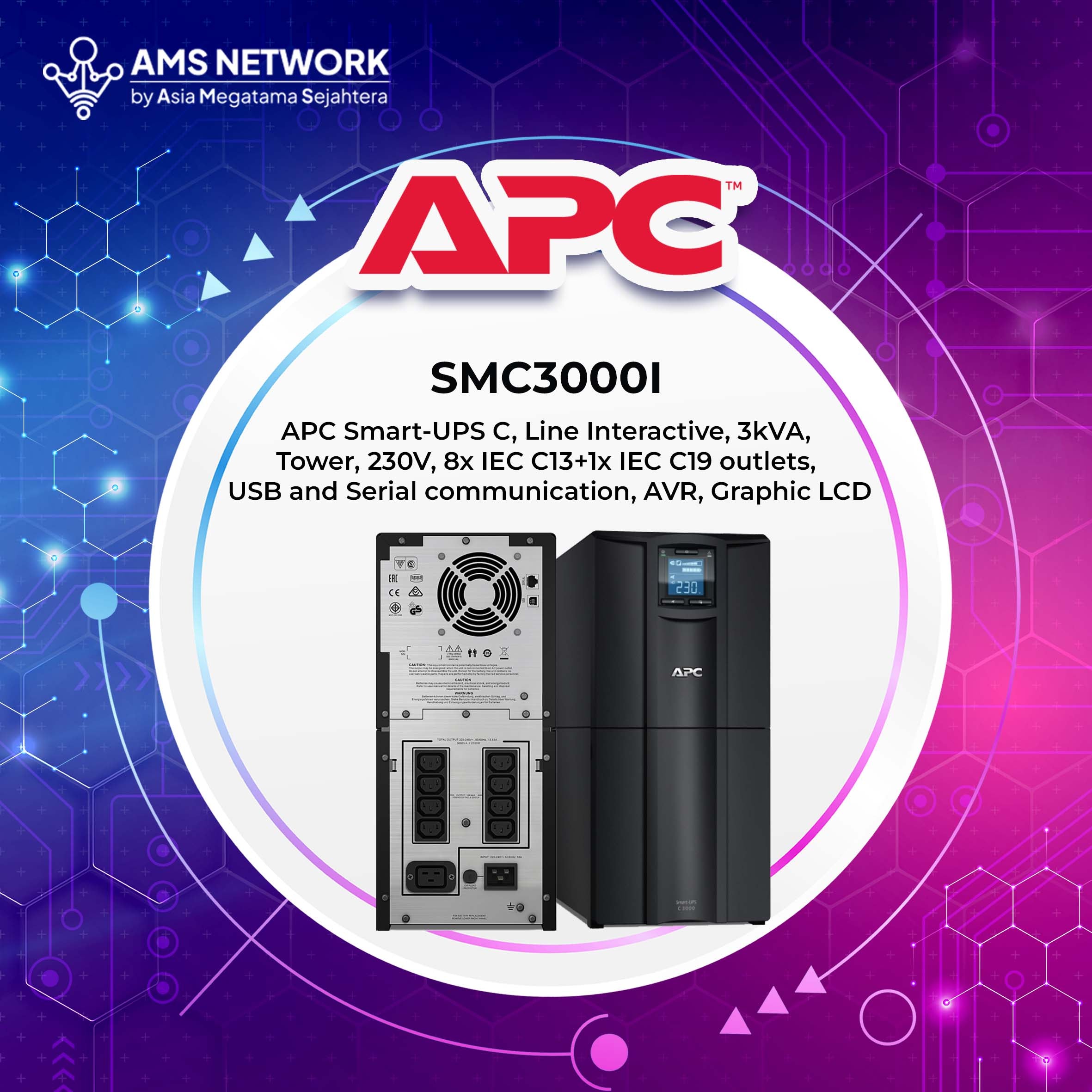 SMC3000I - APC Smart-UPS C, Line Interactive, 3kVA, 2100W, Tower, 230V, 8x IEC C13+1x IEC C19 outlets, USB and Serial communication, AVR, Graphic LCD