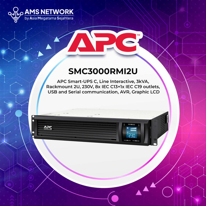 SMC3000RMI2U - APC Smart-UPS C, Line Interactive, 3kVA, 2100W, Rackmount 2U, 230V, 8x IEC C13+1x IEC C19 outlets, USB and Serial communication, AVR, Graphic LCD