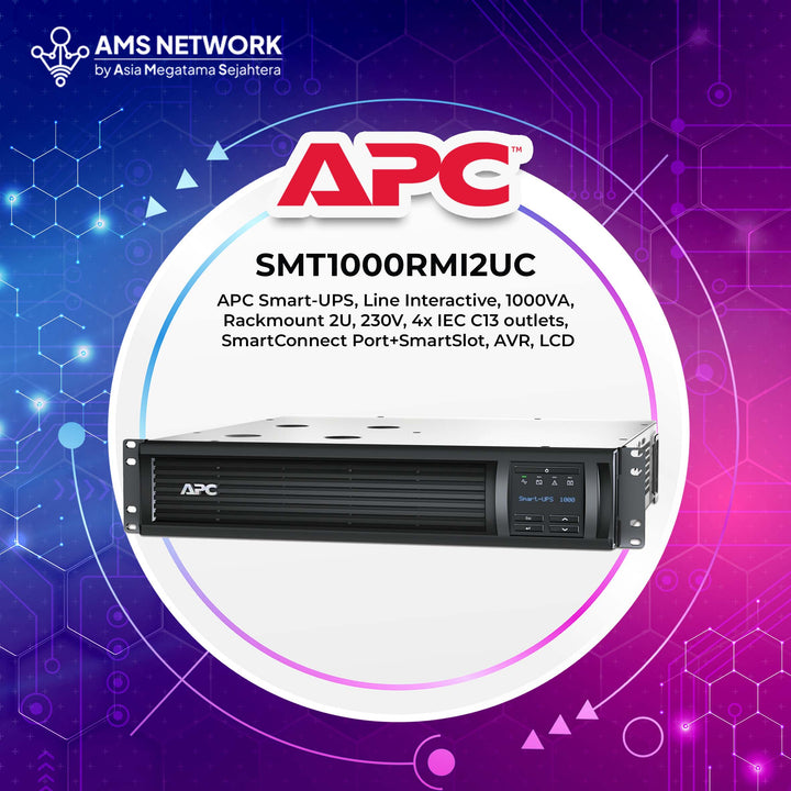 SMT1000RMI2UC - APC Smart-UPS, Line Interactive, 1000VA, Rackmount 2U, 230V, 4x IEC C13 outlets, SmartConnect Port+SmartSlot, AVR, LCD