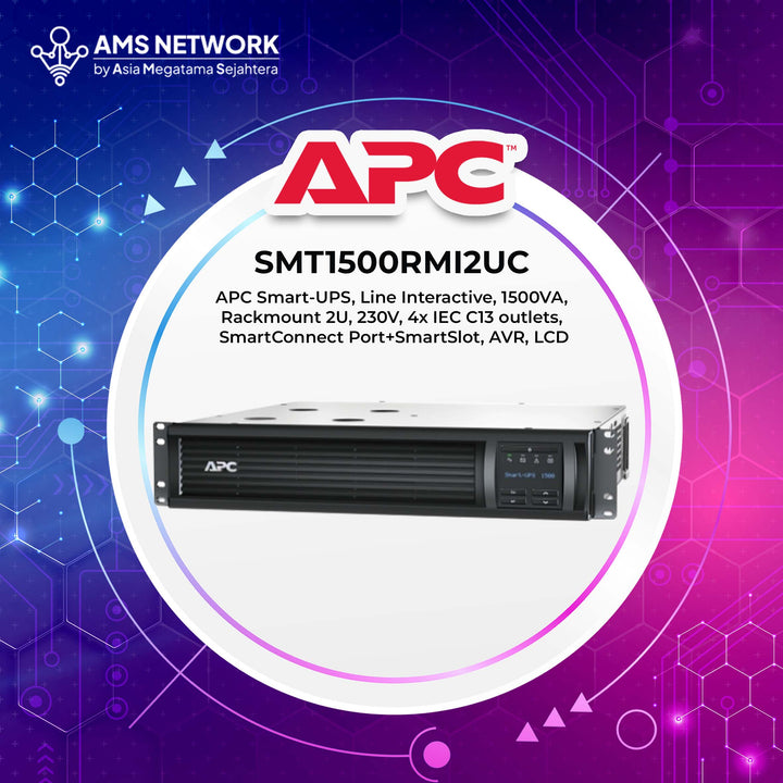 SMT1500RMI2UC - APC Smart-UPS, Line Interactive, 1500VA, 1000W, Rackmount 2U, 230V, 4x IEC C13 outlets, SmartConnect Port+SmartSlot, AVR, LCD