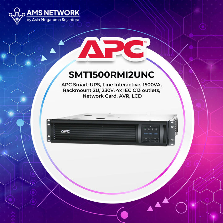 SMT1500RMI2UNC - APC Smart-UPS, Line Interactive, 1500VA, Rackmount 2U, 230V, 4x IEC C13 outlets, Network Card, AVR, LCD
