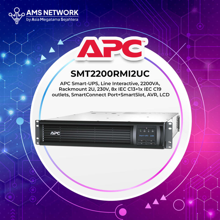 SMT2200RMI2UC - APC Smart-UPS, Line Interactive, 2200VA, Rackmount 2U, 230V, 8x IEC C13+1x IEC C19 outlets, SmartConnect Port+SmartSlot, AVR, LCD