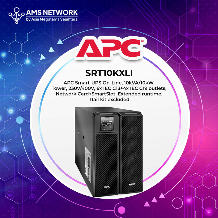 SRT10KXLI - APC Smart-UPS On-Line, 10kVA/10kW, Tower, 230V/400V, 6x IEC C13+4x IEC C19 outlets, Network Card+SmartSlot, Extended runtime, Rail kit excluded