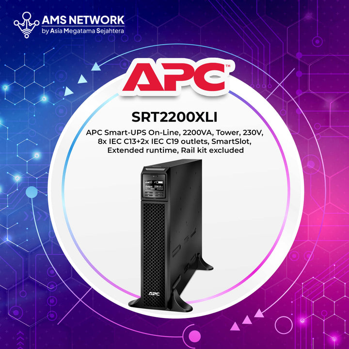 SRT2200XLI - APC Smart-UPS On-Line, 2200VA, 1980W, Tower, 230V, 8x IEC C13+2x IEC C19 outlets, SmartSlot, Extended runtime, Rail kit excluded