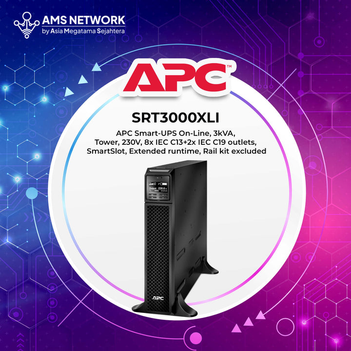 SRT3000XLI - APC Smart-UPS On-Line, 3kVA, 2700W, Tower, 230V, 8x IEC C13+2x IEC C19 outlets, SmartSlot, Extended runtime, Rail kit excluded