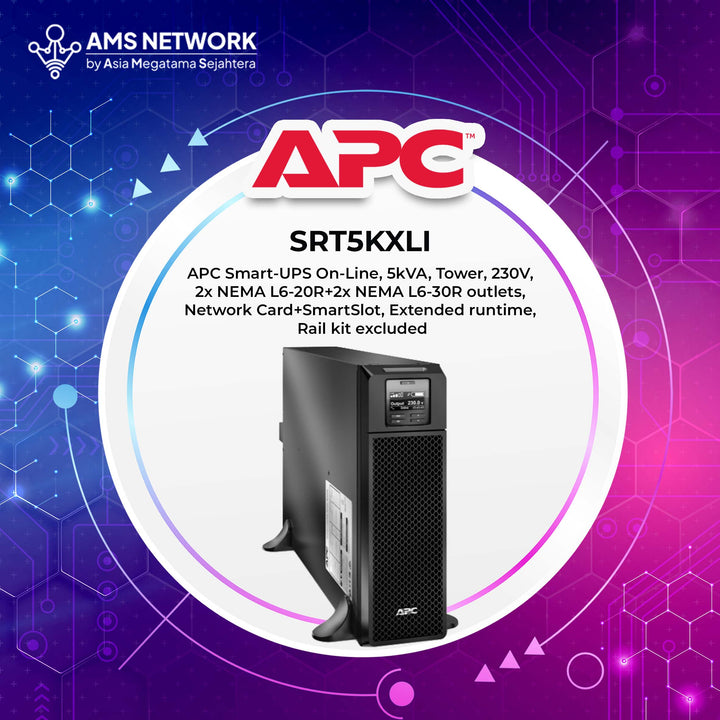 SRT5KXLI - APC Smart-UPS On-Line, 5kVA, Tower, 230V, 2x NEMA L6-20R+2x NEMA L6-30R outlets, Network Card+SmartSlot, Extended runtime, Rail kit excluded