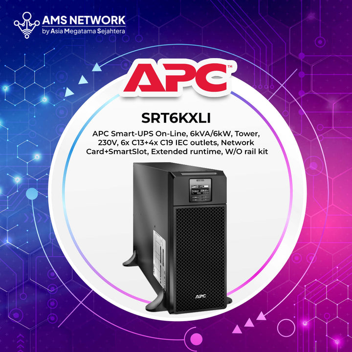 SRT6KXLI - APC Smart-UPS On-Line, 6kVA/6kW, Tower, 230V, 6x C13+4x C19 IEC outlets, Network Card+SmartSlot, Extended runtime, W/O rail kit