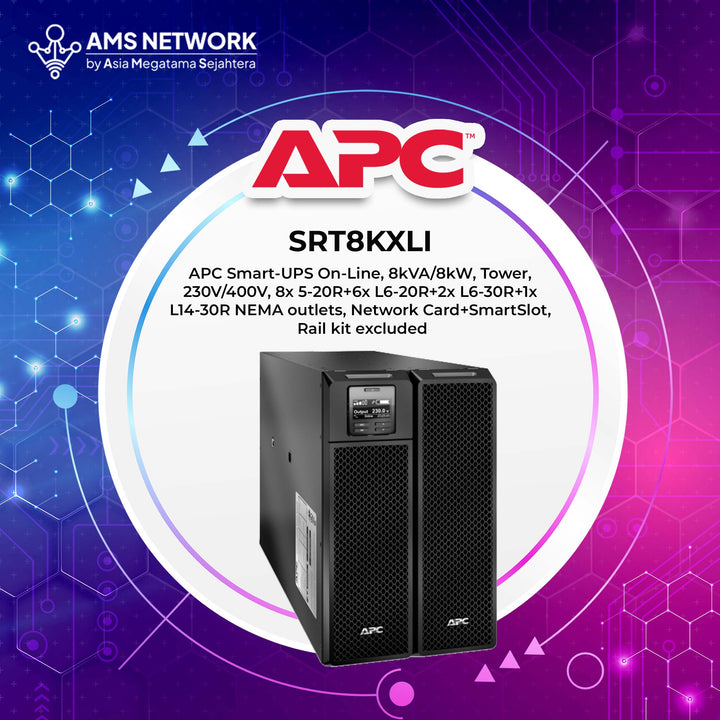 SRT8KXLI - APC Smart-UPS On-Line, 8kVA/8kW, Tower, 230V/400V, 8x 5-20R+6x L6-20R+2x L6-30R+1x L14-30R NEMA outlets, Network Card+SmartSlot, Rail kit excluded