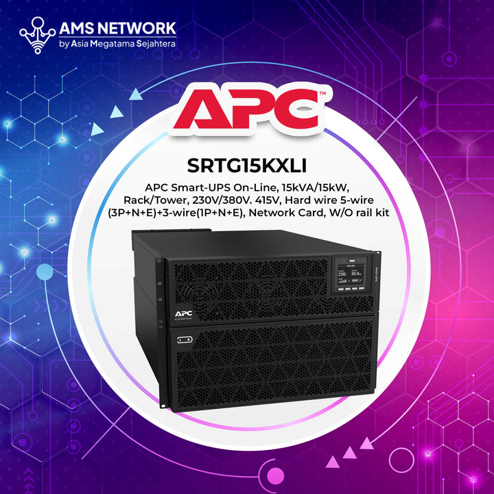 SRTG15KXLI -  APC Smart-UPS On-Line, 15kVA/15kW, Rack/Tower, 230V/380V...415V, Hard wire 5-wire(3P+N+E)+3-wire(1P+N+E), Network Card, W/O rail kit