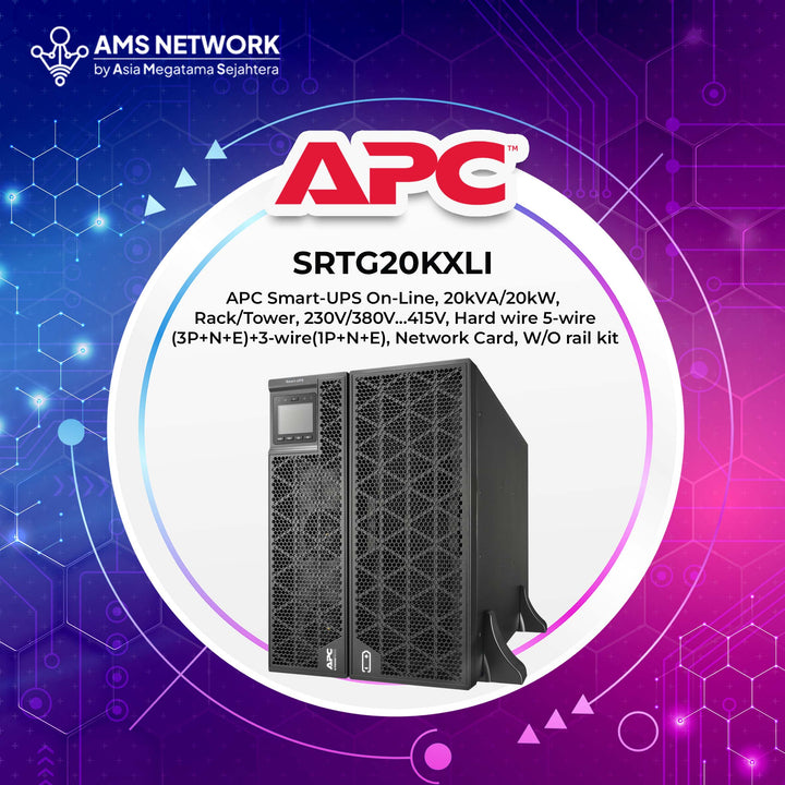 SRTG20KXLI - APC Smart-UPS On-Line, 20kVA/20kW, Rack/Tower, 230V/380V...415V, Hard wire 5-wire(3P+N+E)+3-wire(1P+N+E), Network Card, W/O rail kit