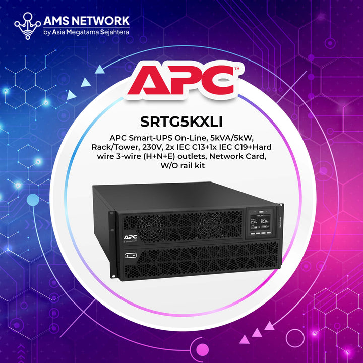 SRTG5KXLI - APC Smart-UPS On-Line, 5kVA/5kW, Rack/Tower, 230V, 2x IEC C13+1x IEC C19+Hard wire 3-wire (H+N+E) outlets, Network Card, W/O rail kit