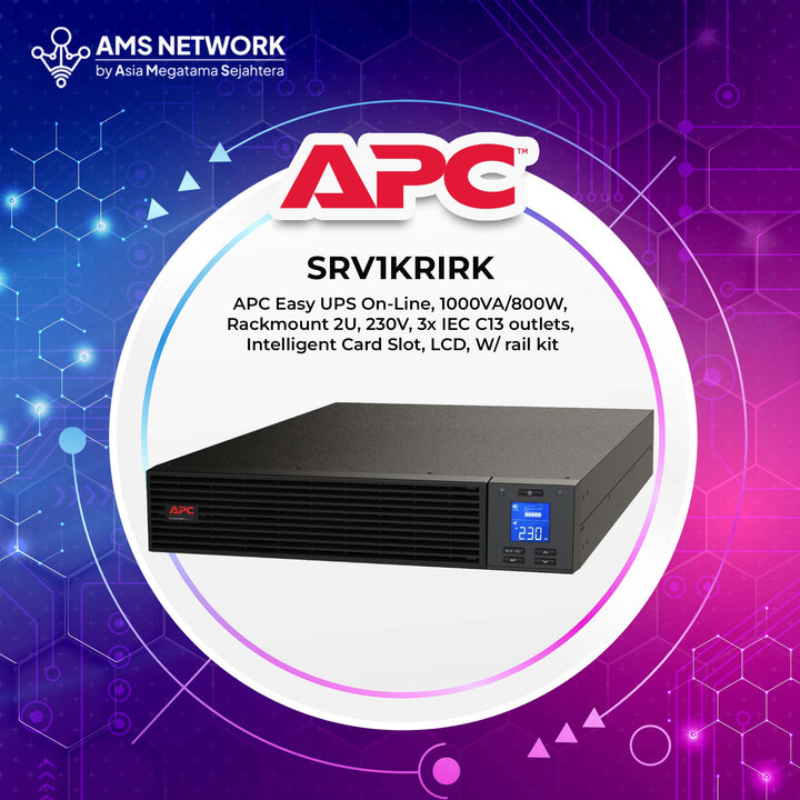 SRV1KRIRK - APC Easy UPS On-Line, 1000VA/800W, Rackmount 2U, 230V, 3x IEC C13 outlets, Intelligent Card Slot, LCD, W/ rail kit