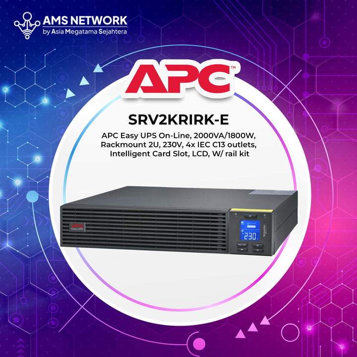 SRV2KRIRK-E  - APC Easy UPS On-Line, 2000VA/1800W, Rackmount 2U, 230V, 4x IEC C13 outlets, Intelligent Card Slot, LCD, W/ rail kit