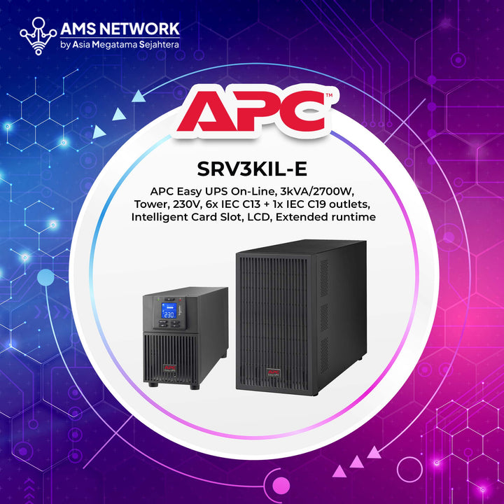 SRV3KIL-E - APC Easy UPS On-Line, 3kVA/2700W, Tower, 230V, 6x IEC C13 + 1x IEC C19 outlets, Intelligent Card Slot, LCD, Extended runtime