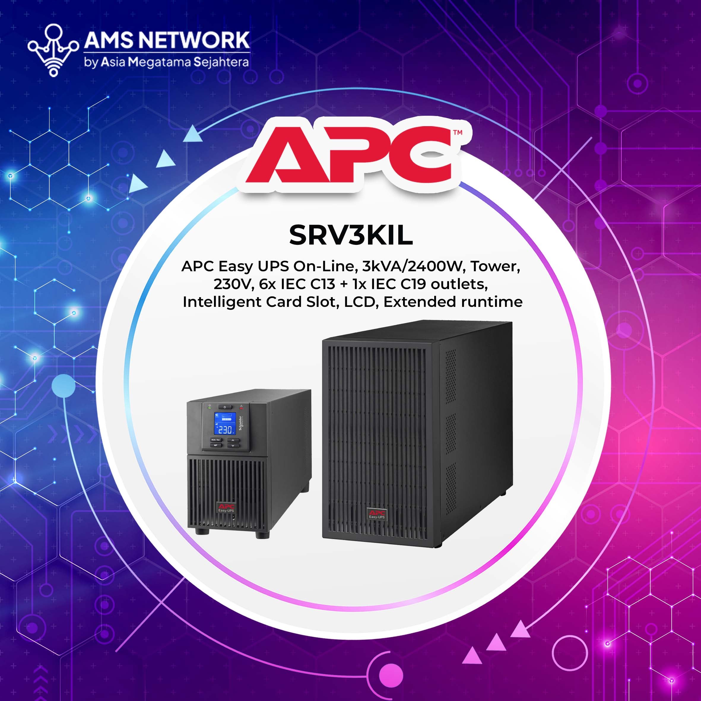 SRV3KIL - APC Easy UPS On-line 3kVA/2400W, Tower, 230V, 6x IEC C13 + 1x IEC C19 outlets