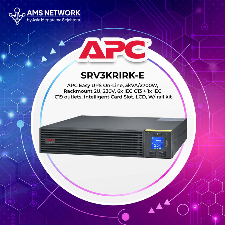 SRV3KRIRK-E - APC Easy UPS On-Line, 3kVA/2700W, Rackmount 2U, 230V, 6x IEC C13 + 1x IEC C19 outlets, Intelligent Card Slot, LCD, W/ rail kit