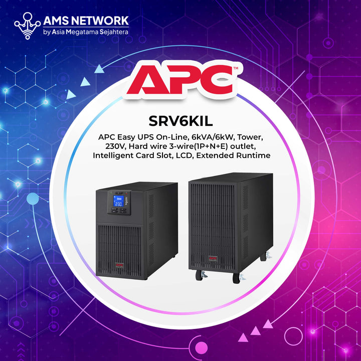 SRV6KIL - APC Easy UPS On-Line, 6kVA/6kW, Tower, 230V, Hard wire 3-wire(1P+N+E) outlet, Intelligent Card Slot, LCD, Extended Runtime
