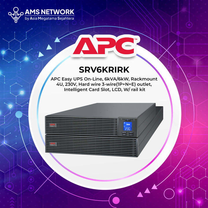 SRV6KRIRK - APC Easy UPS On-Line, 6kVA/6kW, Rackmount 4U, 230V, Hard wire 3-wire(1P+N+E) outlet, Intelligent Card Slot, LCD, W/ rail kit
