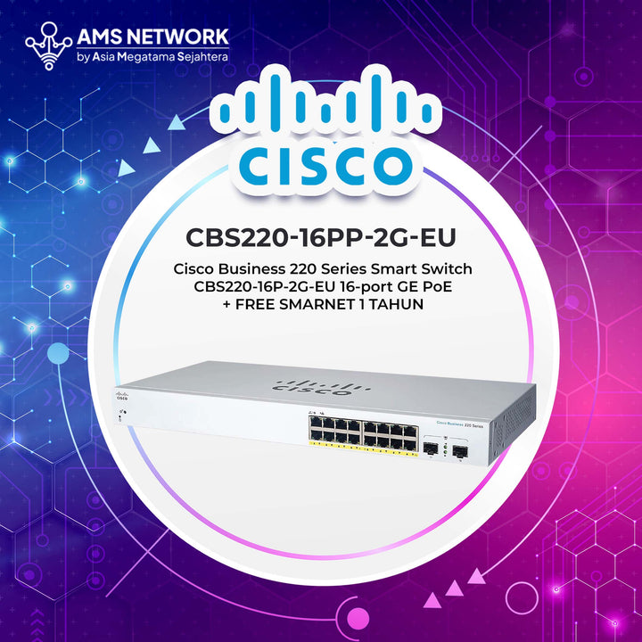 Cisco Business 220 Series Smart Switch CBS220-16P-2G-EU 16-port GE PoE + FREE SMARNET 1 TAHUN