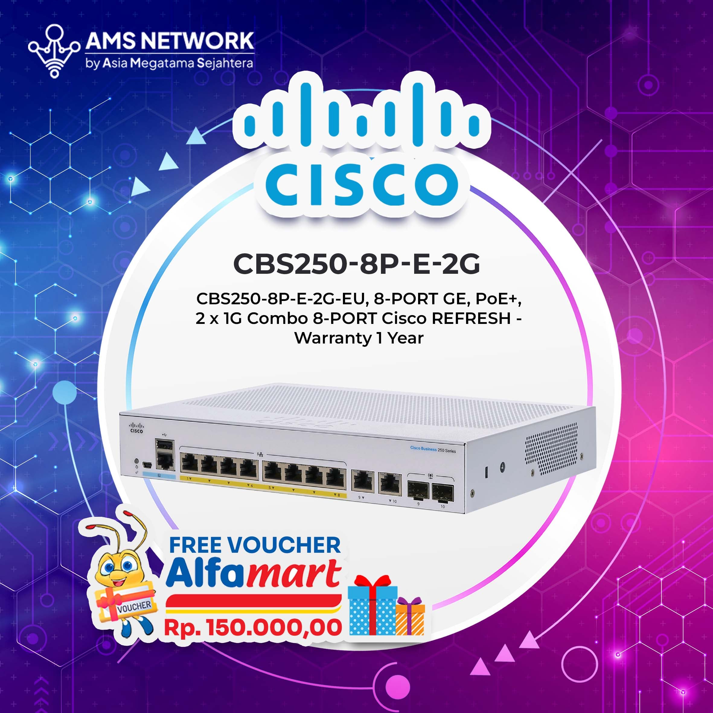 Cisco Business CBS250-8P-E-2G-EU (8-port GE, PoE+, 2x1G Combo Ports)